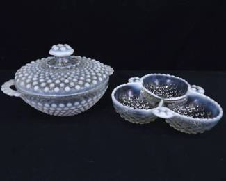 Vintage Anchor Hocking Opalescent Hobnail Covered Dish and Candy Caddy