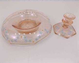 Hand Decorated Pink Depression Glass Console Bowl and Candle Holder 