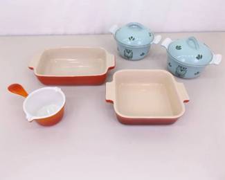 Lot of Le Creuset, Drescoware, and Dru Holland Enamel, Cast Iron, and Stoneware