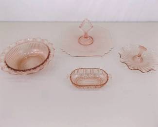 Lot of 4 Pink Depression Glass Serving Caddy's and Candy Bowls