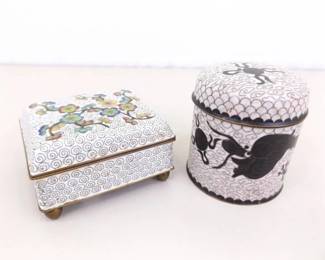 2 Cloisonne Black and White Dragon and Flower Tea Caddy, and Incense Jar