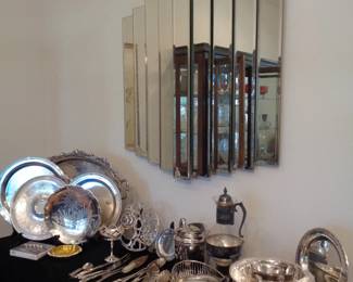 Vintage Beveled Mirror , Assorted SP Serving Pieces