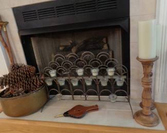 Large Brass Pot, Large Pinecones, Billows, Large Candlesticks, Walking Sticks