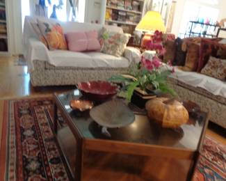 Wood/Glass Octagontal Table,  Decorative Items, Decor Pillows, Area Rug.  Sofa/Loveseat Not For Sale
