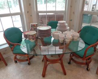 Glass & Bamboo Table w/ rolling Chairs