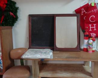 Wooden Work Bench, Chalkboard, Mirror, Older Shop Stool
