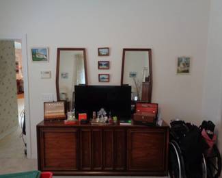 MCM Bureau with Double Mirror, Television, Jewelry Boxes, Perfume Bottles