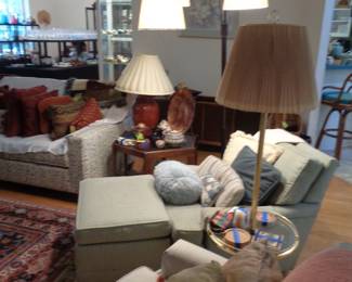 Two Upholstered Chairs, Lamps,  Pillows