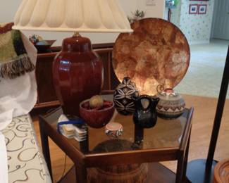 Glass/Wood Table, Native American Pieces, Baskets, Lamp