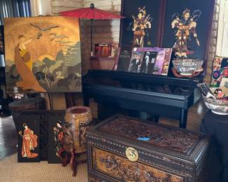 Japanese Samurai Artwork, Chinese Carved Chest, Erte "Wings of Victory" Reproduction