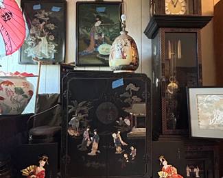 Chinese Black Laquer Cabinet Mother of Pearl Inlays