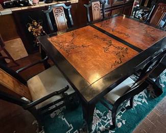 6 Person Burlwood and Black Lacquer Dining Set with Matching Display Cabinet