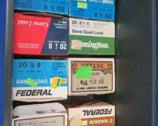 Lot 251. Over 125 20-gauge rounds in multiple loads with two plastic storage containers