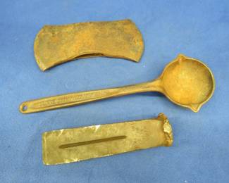 Lot 36. Antique smelting ladle, double-bit axe head, and a splitting wedge