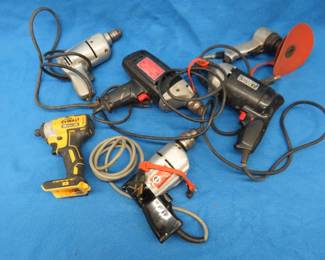 Lot 87. Six untested hand tools: Four electric drills. DeWalt 20-volt impact. Black & Decker air-powered sander.