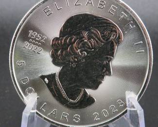 Lot 106. 2023 Canadian Maple Leaf round with one troy ounce of .9999 fine silver