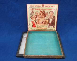 Lot 91. Hohner Harmonicas counter box Your Choice 25 Cents Each with excellent graphics and torn lid, and an additional jewelry display box.
