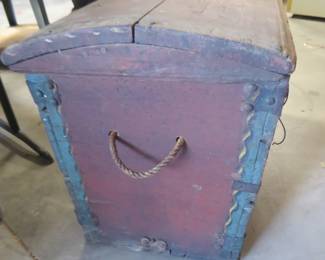 Lot 187. Antique dome-top immigrant trunk with working lock and key marked 1856 with Norwegian? original rosemaling.