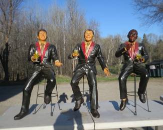 Lot 13. "The Rat Pack": Seated resin figurines of Frank Sinatra, Dean Martin, and Sammy Davis Jr. 36 inches tall. Includes drinks. Some minor repairs to fingers.