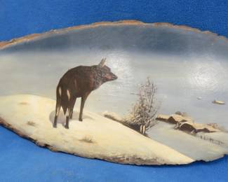 Lot 285. Unmarked and unsigned Al Mohler original slab bear painting. 24 x 10 x 1/2 inches. Al Mohler lived in Onamia, Minnesota and died in 1986. 