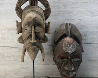 HANDCRAFTED AFRICAN WOOD MASKS RUSTIC DECOR X 2