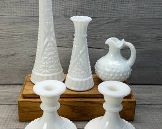 MILK GLASS DECOR VASES CANDLE HOLDERS PITCHER AVON
