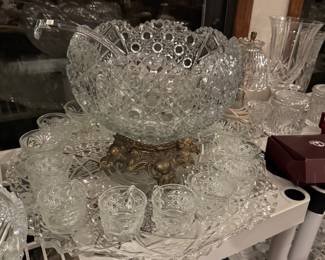 Gorgeous Crystal punch bowl with brass foot.  Large platter, laddle & cups