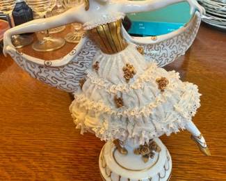 2  Dancing  Antique Dresden  Porcelain and Lace Handmade Figurines 