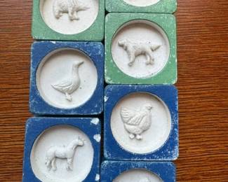 Fantastic Antique French flea Market fine . A set of stone animal molds for cookies or butter -the family farm animals