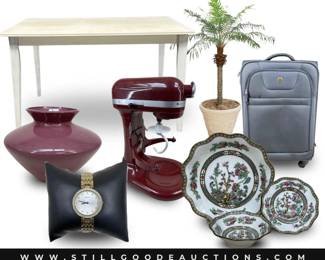 Coalport china, Kitchenaid mixer, jewelry, watches, luggage, decor and more