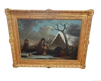 The Skating Party Oil on Canvas Original Dutch Gilded Wood Frame