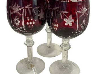 Bohemian Ruby Red Cut to Clear Crystal Wine Goblets