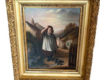 Girl with Broken Pottery Oil on Millboard in Heavy Golden Wood Ornate Frame