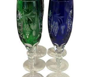 Ajka Hungarian Bohemian Colors Cut to Clear Crystal Champagne Flutes