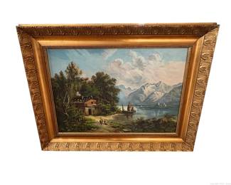 Alpine Lake Scene Oil on Canvas in a Gilded Wood Frame