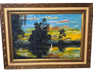 Florida Sunset Oil Painting on Board in Wood Frame