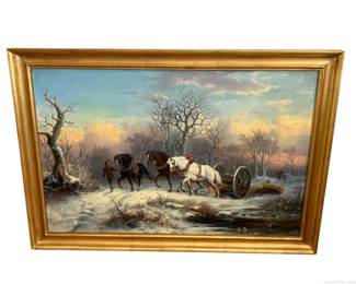 Oil on Canvas Logging in Winter Gilded Wood Frame