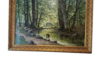 Gilded Wood Framed Oil on Canvas Painting of a Stream in Woods