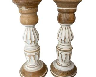 Pair of White Distressed Carved Wooden Pillar Candle Holders