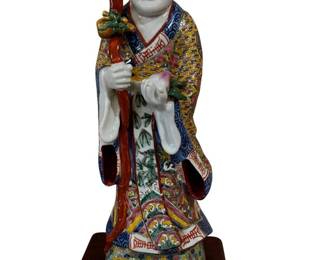 Shou Lao The Chinese God of Properity Porcelain Figurine On a Wood Base