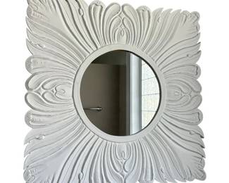 Round Mirror in White Carved Wood Square Frame