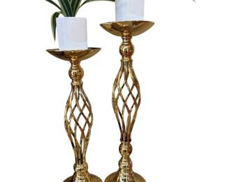 Pair of Gold Colored Twisted Metal Candle Plant Stands With Faux Greenery
