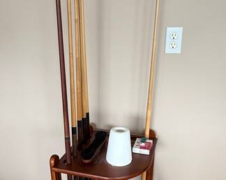 Billiard Cue Rack with Cues and Accessories