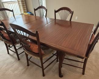 Mahogany Dining Table with Six Wheat Back Rush Seat Chairs