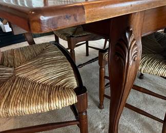 Mahogany Dining Table with Six Wheat Back Rush Seat Chairs