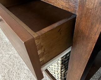 Dark Wood End Table with Drawer and Basket