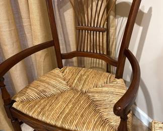 Mahogany Dining Table with Six Wheat Back Rush Seat Chairs