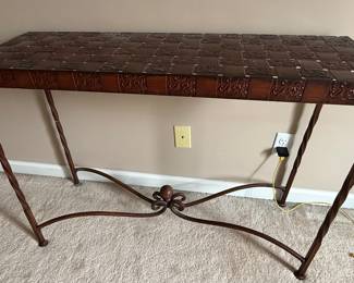 Wrought Iron Console Table with Embossed Metal Top