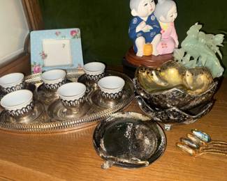 Silverplate silver toned dishes and flatware