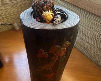 Vintage Japanese Wooden Vase with Bird and Leaf Inlay second image